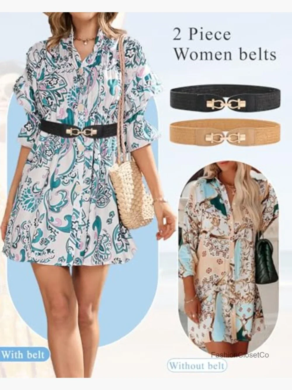 Straw Belt Elastic Waist Boho Braided Metal Buckle Stretch Belt for Dress